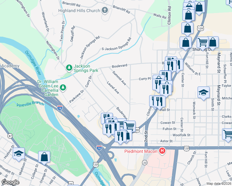 map of restaurants, bars, coffee shops, grocery stores, and more near 856 Laurel Avenue in Macon