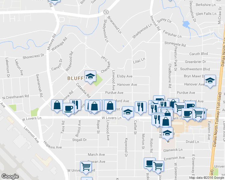 map of restaurants, bars, coffee shops, grocery stores, and more near 4739 Purdue Avenue in Dallas