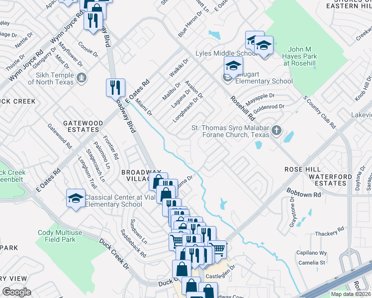 map of restaurants, bars, coffee shops, grocery stores, and more near 605 Branch Hollow Cir in Garland
