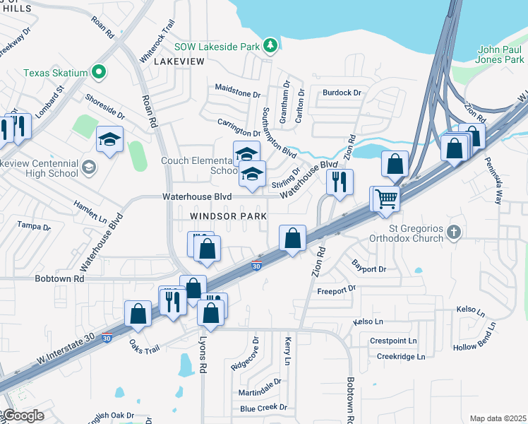 map of restaurants, bars, coffee shops, grocery stores, and more near 5114 Wedgewood Drive in Garland