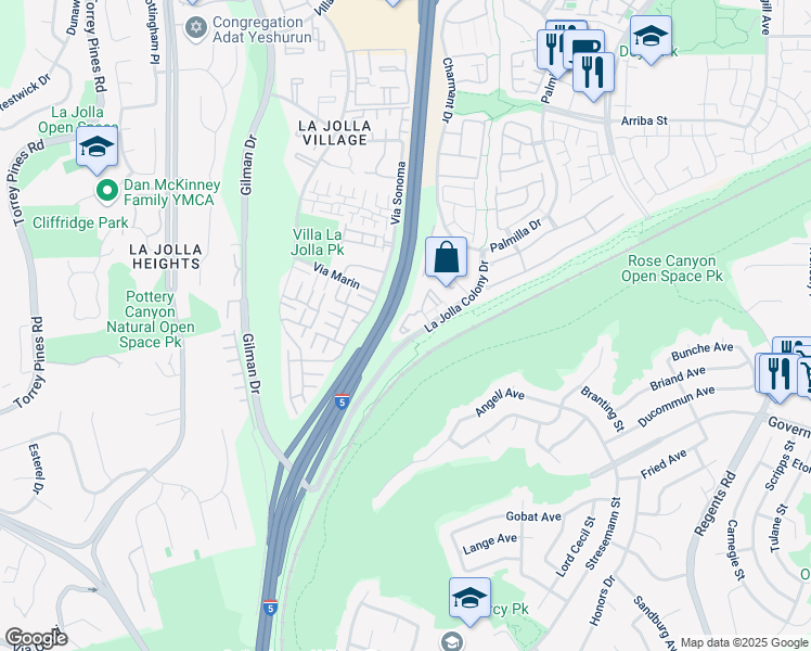 map of restaurants, bars, coffee shops, grocery stores, and more near 4095 Rosenda Court in San Diego