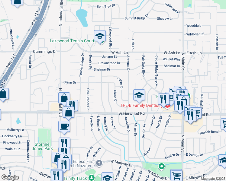 map of restaurants, bars, coffee shops, grocery stores, and more near 1210 Glenn Drive in Euless