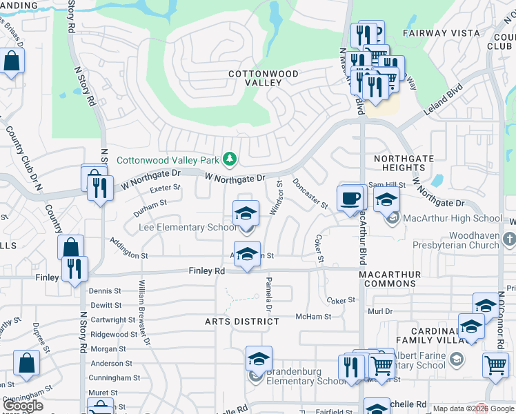 map of restaurants, bars, coffee shops, grocery stores, and more near 3708 Cranston Court East in Irving