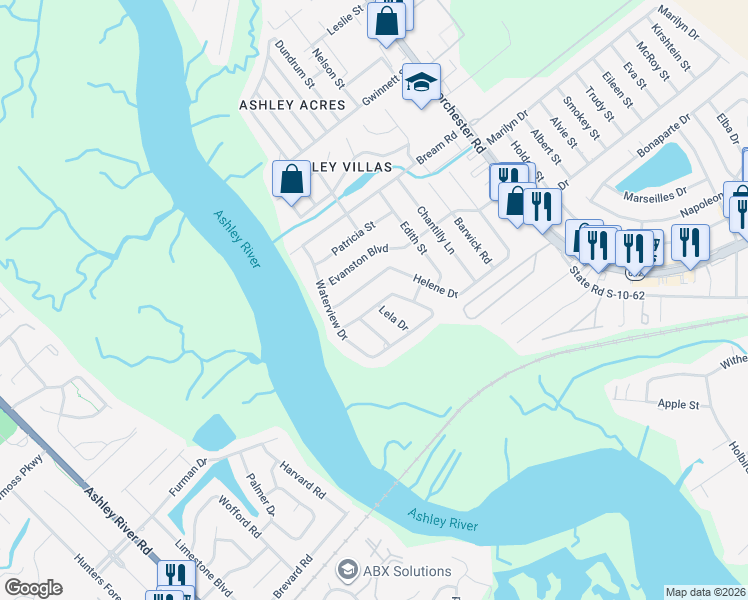 map of restaurants, bars, coffee shops, grocery stores, and more near 4354 Waterview Circle in North Charleston