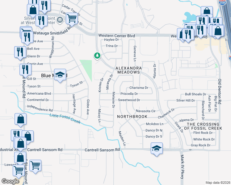 map of restaurants, bars, coffee shops, grocery stores, and more near 6100 Melanie Drive in Fort Worth
