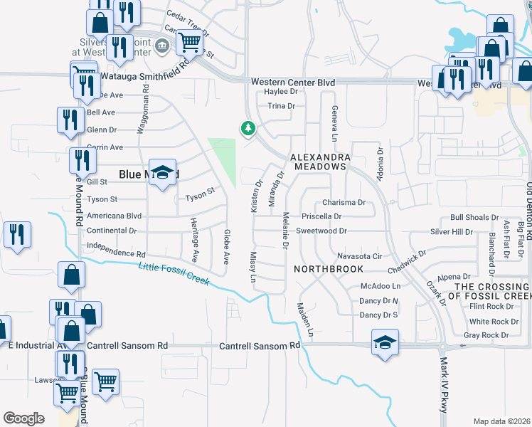 map of restaurants, bars, coffee shops, grocery stores, and more near 6101 Miranda Drive in Fort Worth