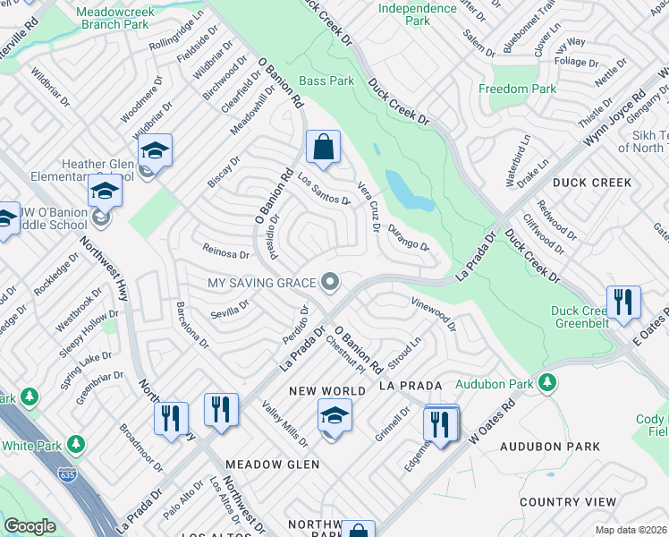 map of restaurants, bars, coffee shops, grocery stores, and more near 333 Crooked Creek in Garland