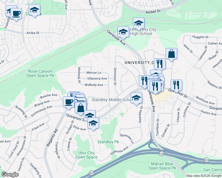 map of restaurants, bars, coffee shops, grocery stores, and more near 6377 Mercer Street in San Diego