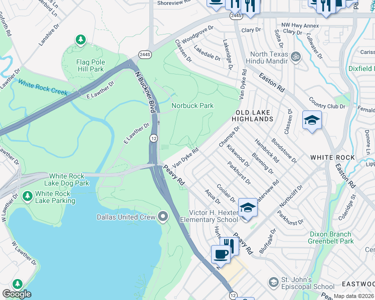 map of restaurants, bars, coffee shops, grocery stores, and more near 9747 Van Dyke Road in Dallas