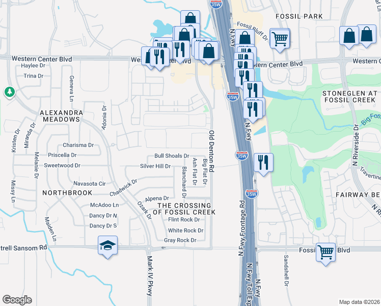 map of restaurants, bars, coffee shops, grocery stores, and more near 2825 Bull Shoals Drive in Fort Worth