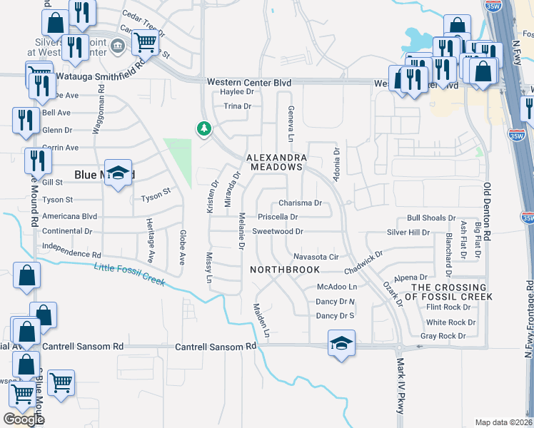 map of restaurants, bars, coffee shops, grocery stores, and more near 2201 Charisma Drive in Fort Worth