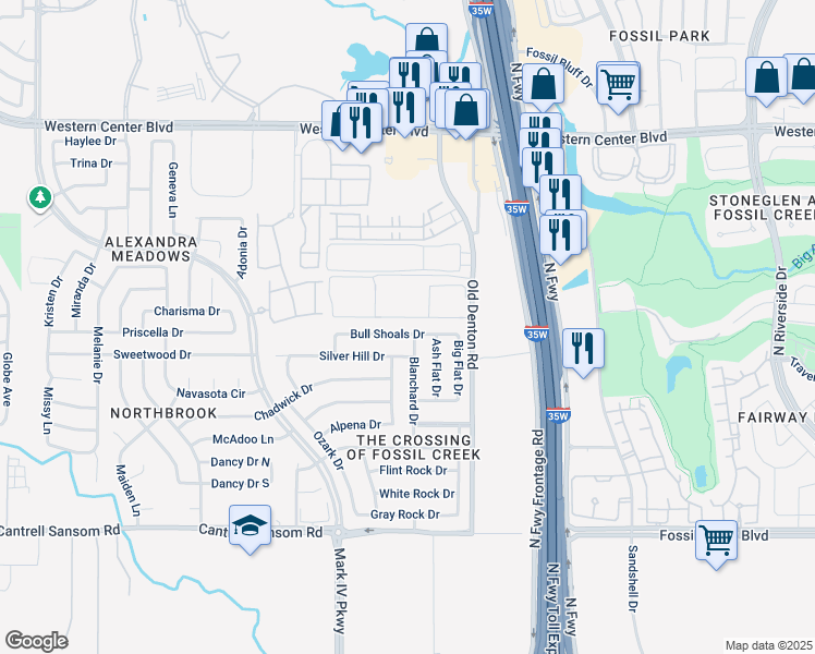 map of restaurants, bars, coffee shops, grocery stores, and more near 2733 Bull Shoals Dr in Fort Worth