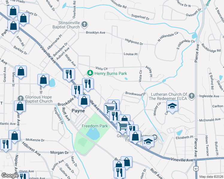 map of restaurants, bars, coffee shops, grocery stores, and more near 227 Ridgewood Avenue in Macon