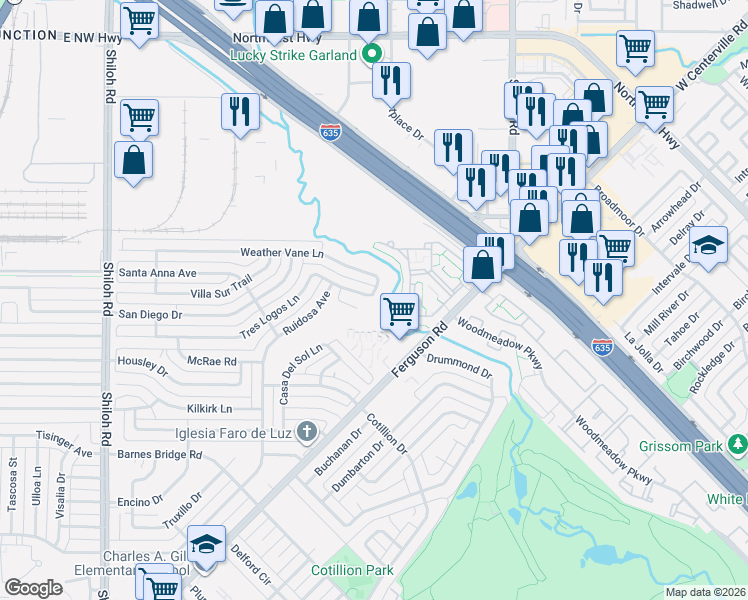 map of restaurants, bars, coffee shops, grocery stores, and more near 3262 Tres Logos Lane in Dallas