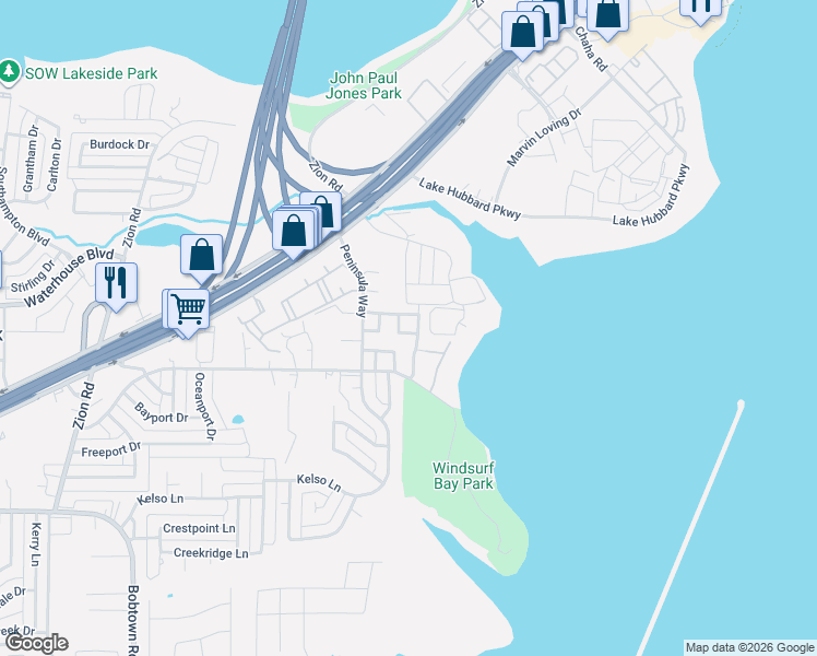 map of restaurants, bars, coffee shops, grocery stores, and more near 5130 Shoregate Drive in Garland