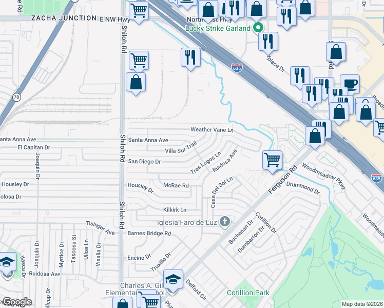 map of restaurants, bars, coffee shops, grocery stores, and more near 3065 San Diego Drive in Dallas