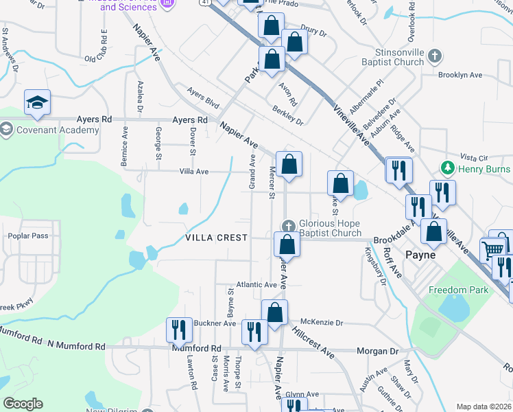 map of restaurants, bars, coffee shops, grocery stores, and more near 3877 Grand Avenue in Macon