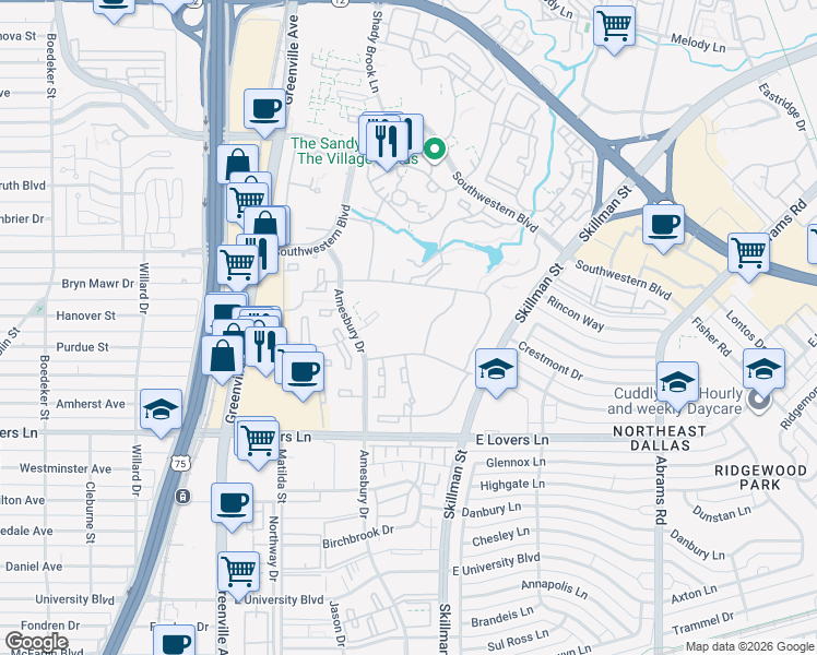 map of restaurants, bars, coffee shops, grocery stores, and more near 6041 Village Bend Drive in Dallas