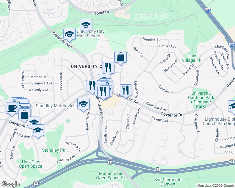 map of restaurants, bars, coffee shops, grocery stores, and more near 4080 Governor Drive in San Diego