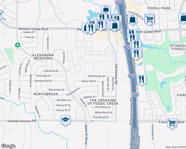 map of restaurants, bars, coffee shops, grocery stores, and more near 2699 Bull Shoals Dr in Fort Worth