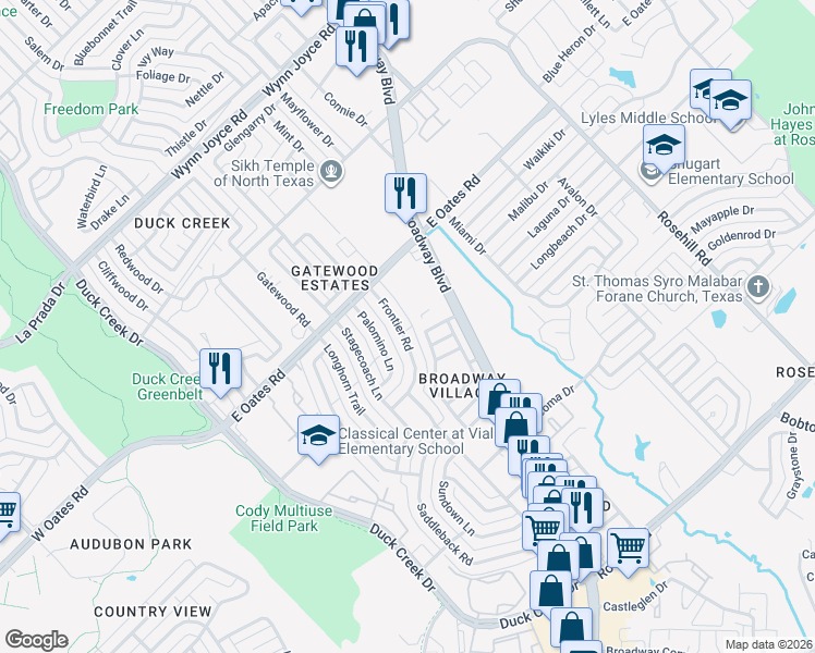 map of restaurants, bars, coffee shops, grocery stores, and more near 4910 Frontier Road in Garland