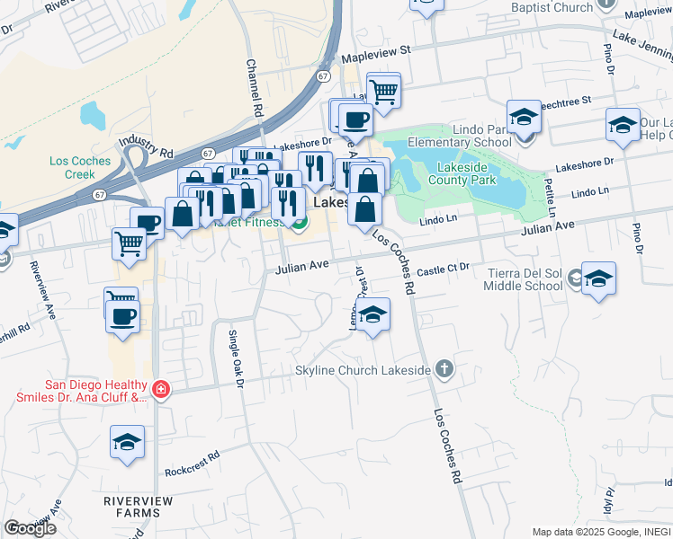 map of restaurants, bars, coffee shops, grocery stores, and more near 12429 Julian Avenue in Lakeside
