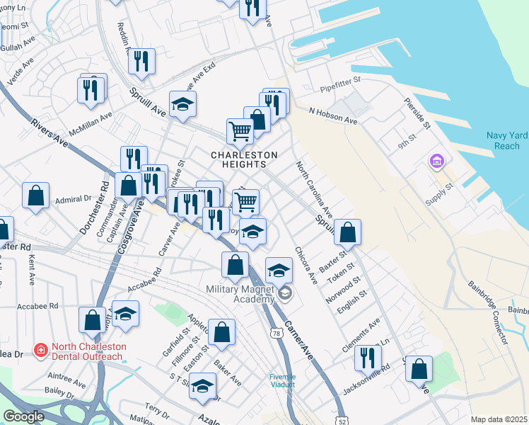 map of restaurants, bars, coffee shops, grocery stores, and more near 1919 Success Street in North Charleston
