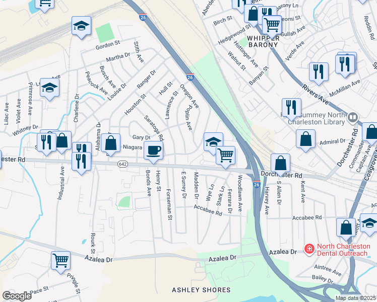 map of restaurants, bars, coffee shops, grocery stores, and more near 2601 Ranger Drive in North Charleston