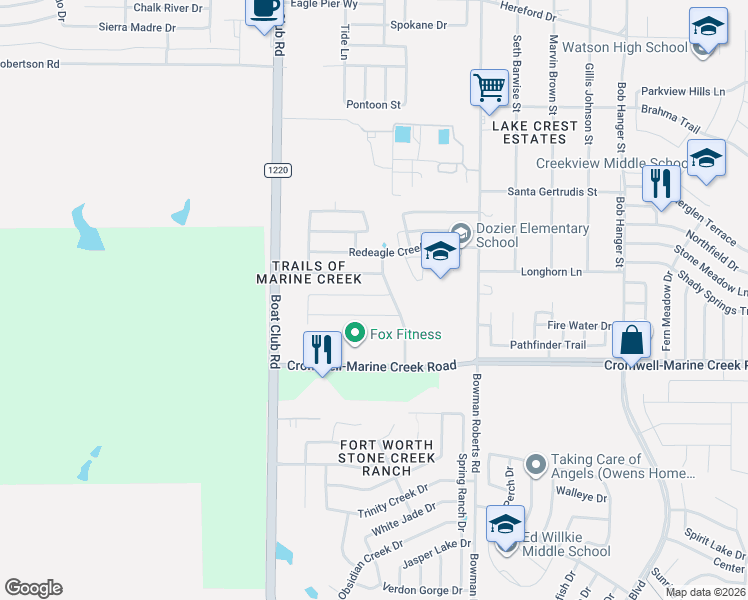 map of restaurants, bars, coffee shops, grocery stores, and more near 6372 Battle Mountain Trail in Fort Worth