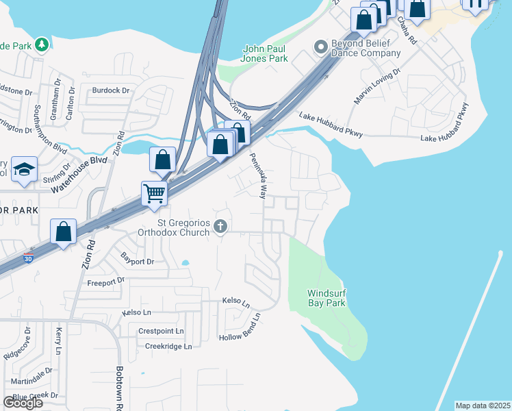 map of restaurants, bars, coffee shops, grocery stores, and more near 5129 Peninsula Way in Garland