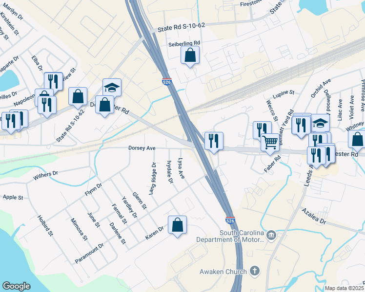 map of restaurants, bars, coffee shops, grocery stores, and more near 3801 Dorsey Avenue in North Charleston