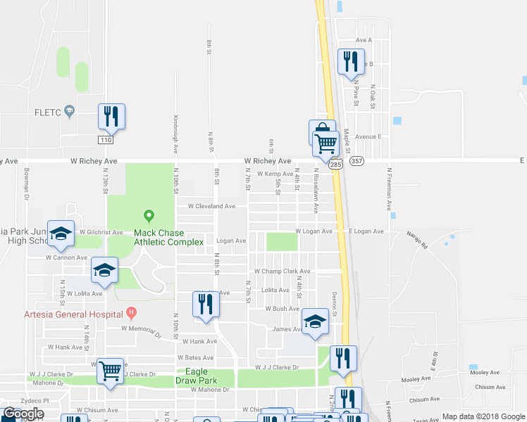 map of restaurants, bars, coffee shops, grocery stores, and more near 410 West Cleveland Avenue in Artesia