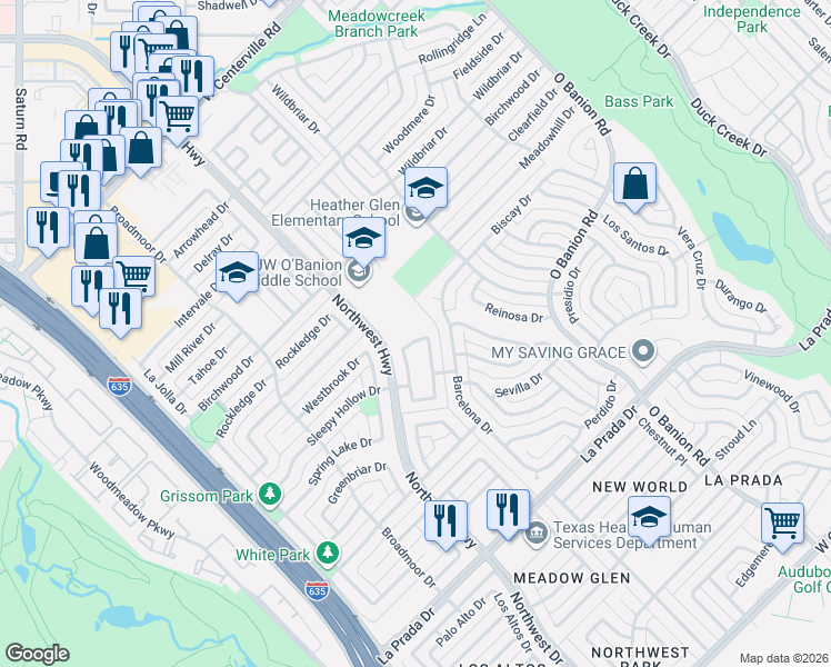 map of restaurants, bars, coffee shops, grocery stores, and more near 733 Meadowcreek Court in Garland