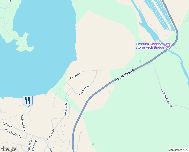 map of restaurants, bars, coffee shops, grocery stores, and more near 415 Oak Tree Drive in Graford