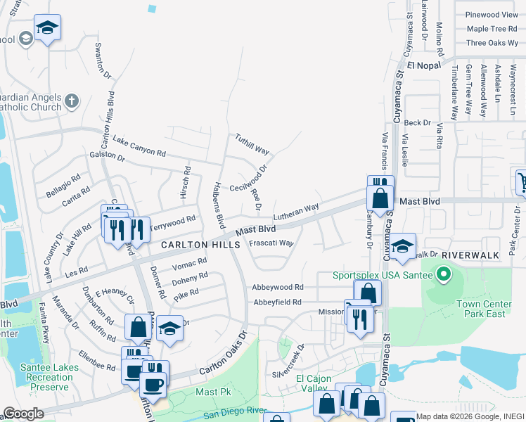 map of restaurants, bars, coffee shops, grocery stores, and more near 9717 Roe Drive in Santee