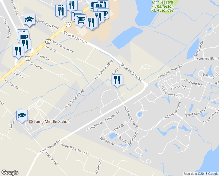 map of restaurants, bars, coffee shops, grocery stores, and more near 1406 Hamlin Park Circle in Mount Pleasant