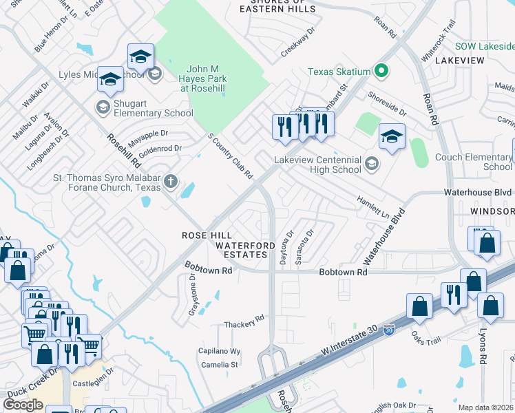 map of restaurants, bars, coffee shops, grocery stores, and more near 1245 Riberry Ln in Garland