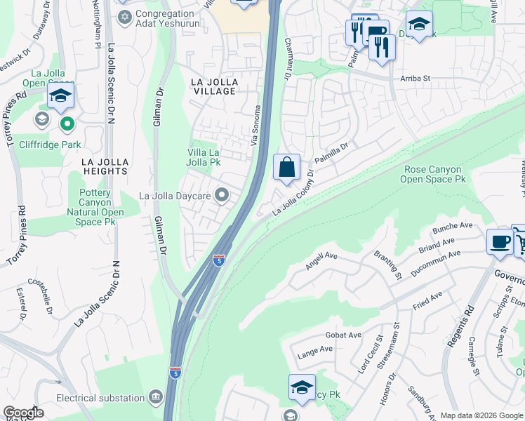 map of restaurants, bars, coffee shops, grocery stores, and more near 4085 Rosenda Court in San Diego
