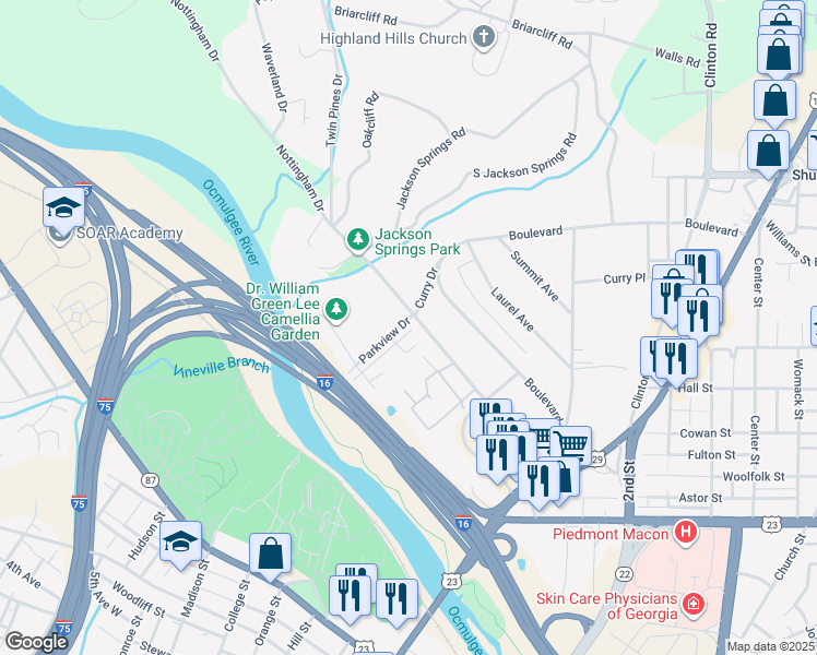 map of restaurants, bars, coffee shops, grocery stores, and more near 885 Parkview Dr in Macon