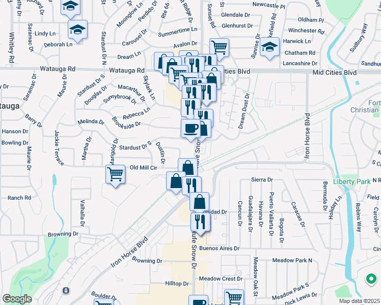 map of restaurants, bars, coffee shops, grocery stores, and more near 5947 Rufe Snow Drive in Fort Worth