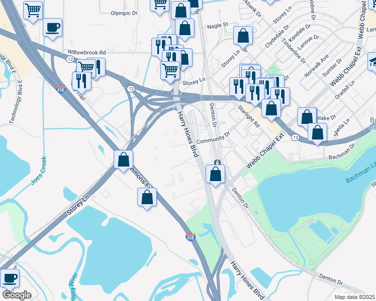 map of restaurants, bars, coffee shops, grocery stores, and more near 9801 Harry Hines Boulevard in Dallas