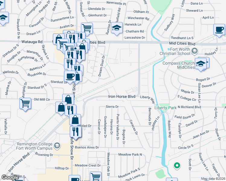 map of restaurants, bars, coffee shops, grocery stores, and more near 5913 Cambridge Drive in North Richland Hills