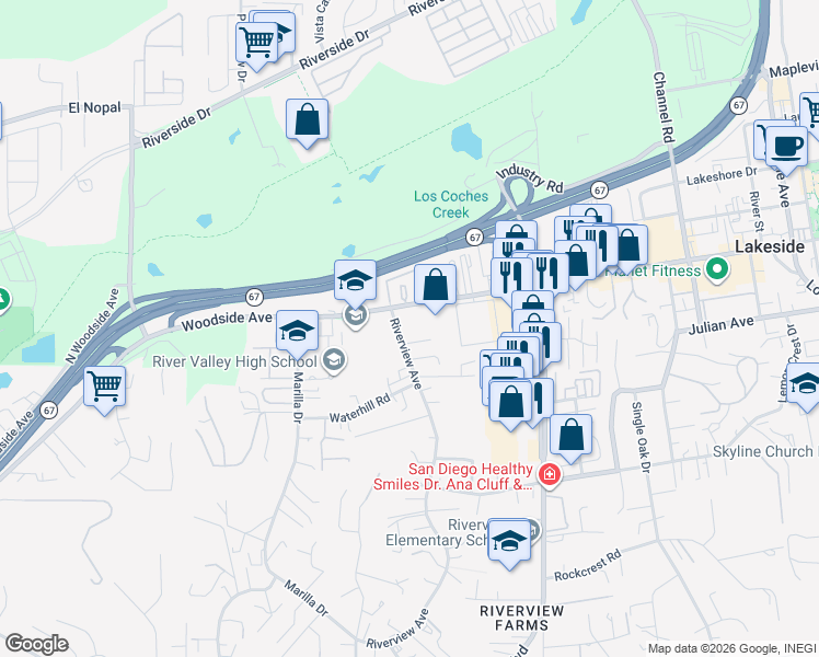 map of restaurants, bars, coffee shops, grocery stores, and more near 9774 Riverview Avenue in Lakeside
