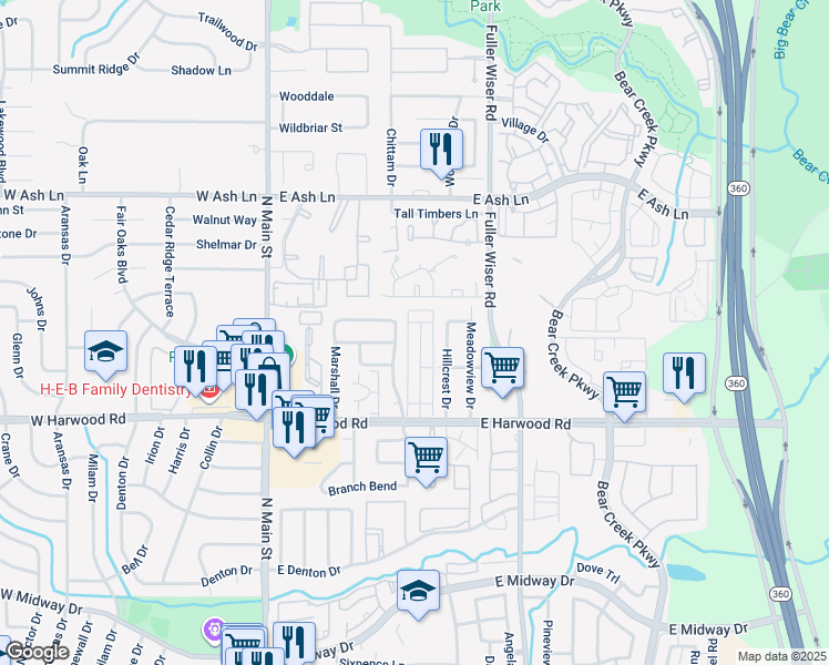 map of restaurants, bars, coffee shops, grocery stores, and more near 1235 Park Place in Euless