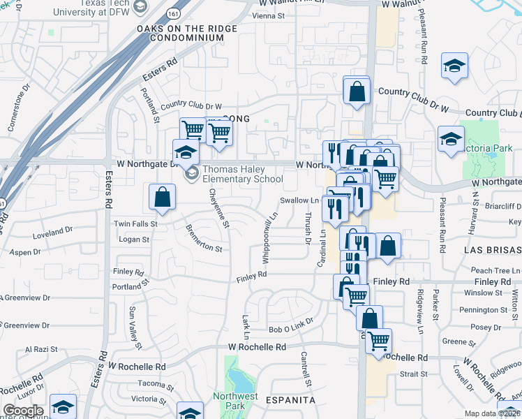 map of restaurants, bars, coffee shops, grocery stores, and more near 3806 Twin Falls Street in Irving
