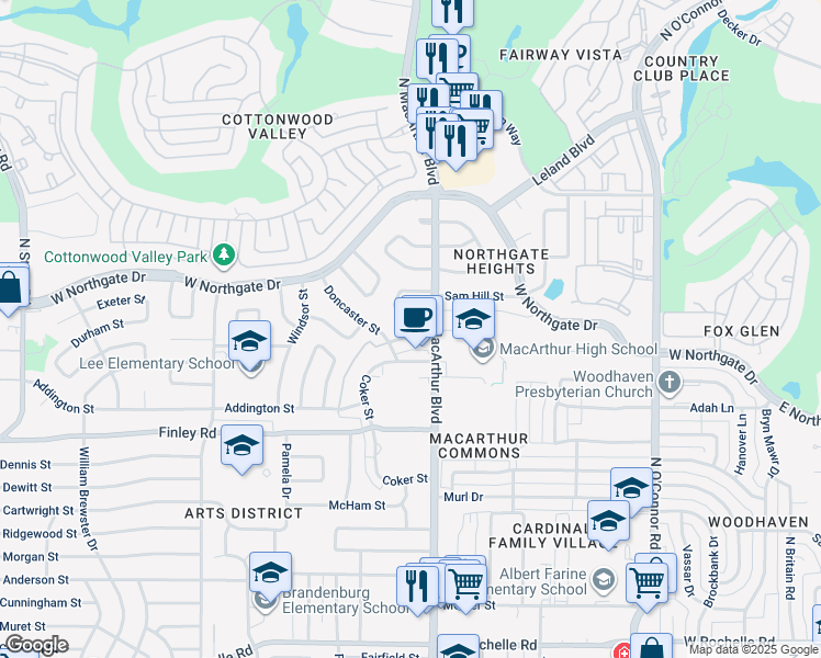 map of restaurants, bars, coffee shops, grocery stores, and more near 1115 Coronet Street in Irving