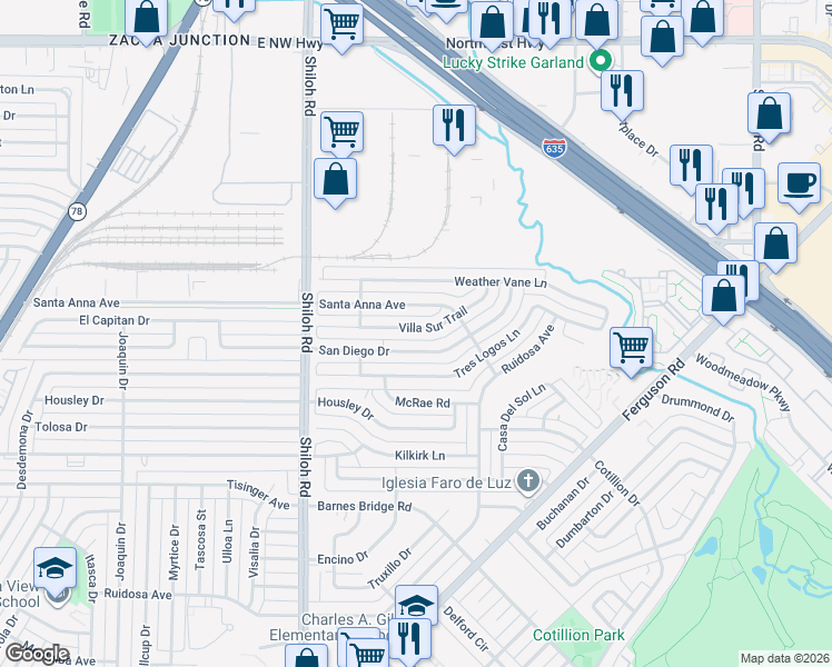 map of restaurants, bars, coffee shops, grocery stores, and more near 3042 Villa Sur Trail in Dallas