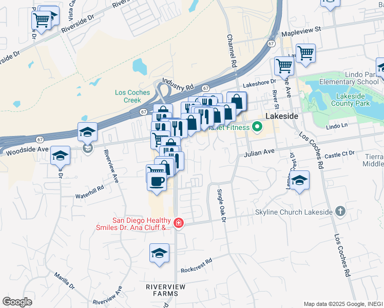 map of restaurants, bars, coffee shops, grocery stores, and more near 9727 Winter Gardens Boulevard in Lakeside