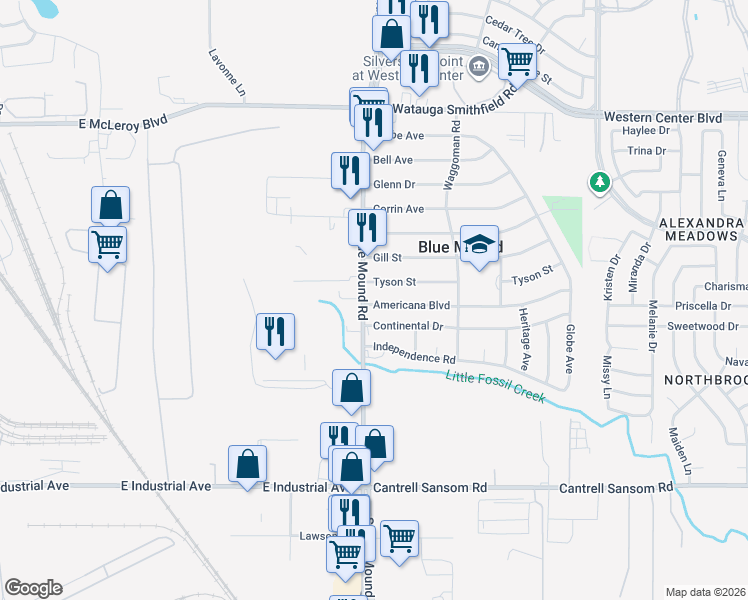 map of restaurants, bars, coffee shops, grocery stores, and more near 1605 Americana Boulevard in Blue Mound
