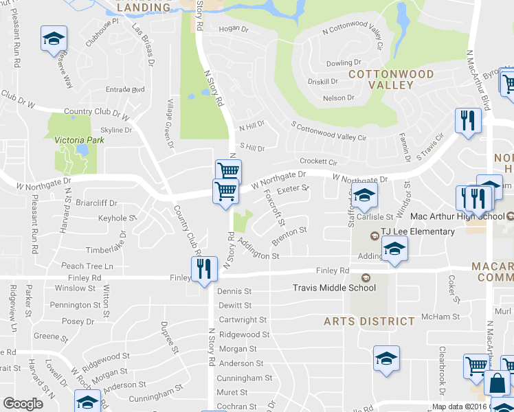map of restaurants, bars, coffee shops, grocery stores, and more near 2014 Exeter St in Irving